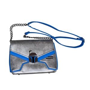 Loungefly‎ Star Wars Jango Fett Chain Strap Crossbody Bag grey blue faux leather
